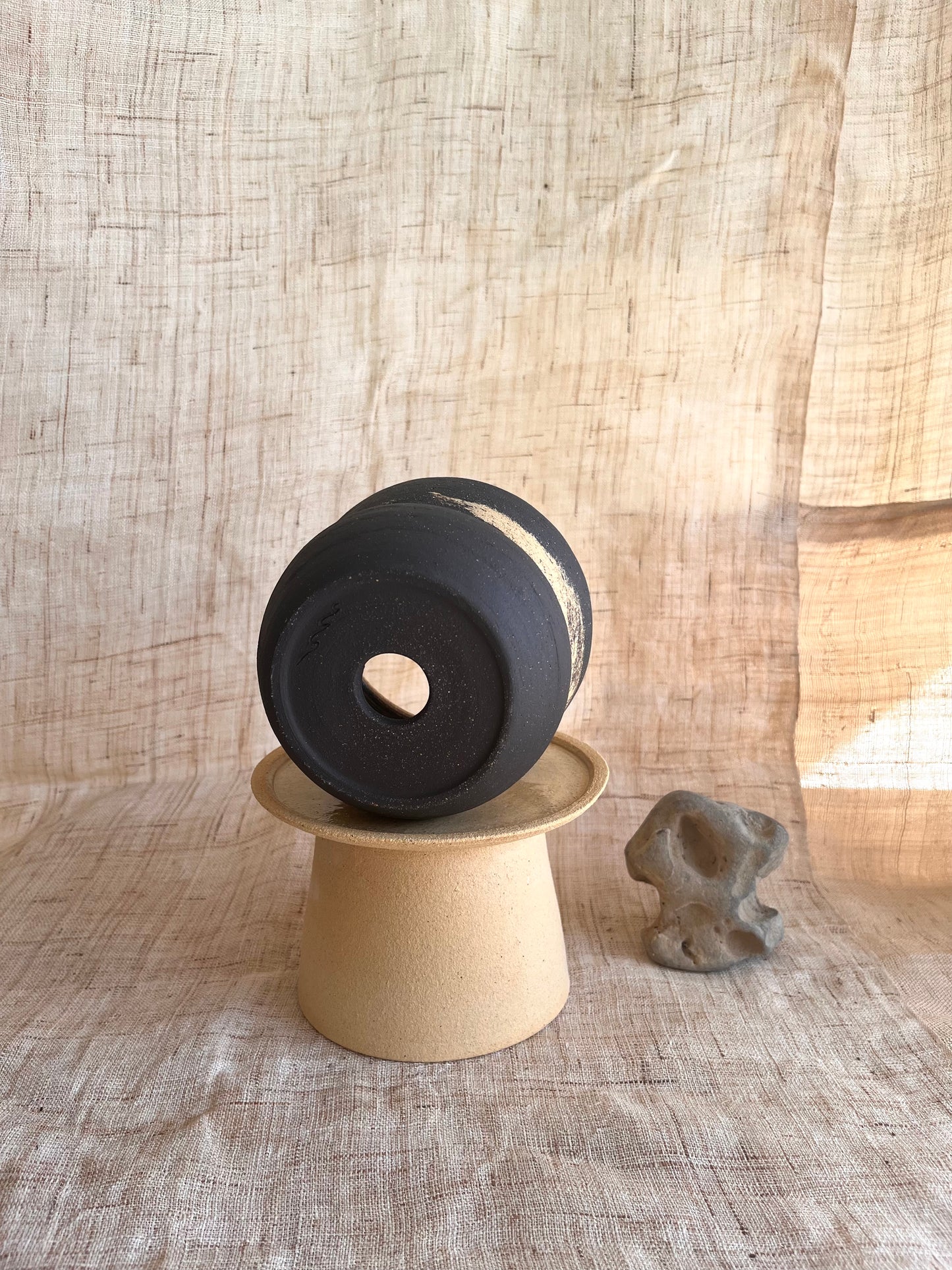 (Sale) 60 sand/black pedestal saucer set