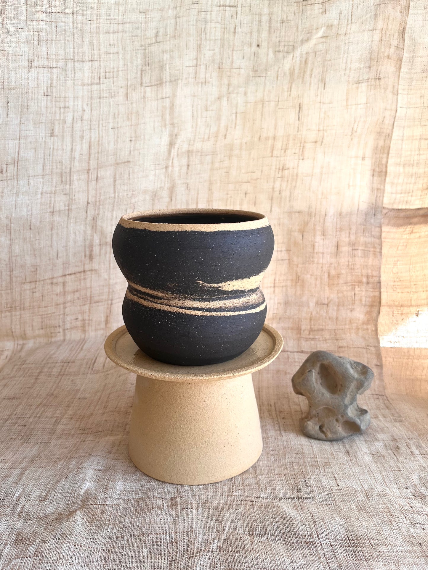 (Sale) 60 sand/black pedestal saucer set
