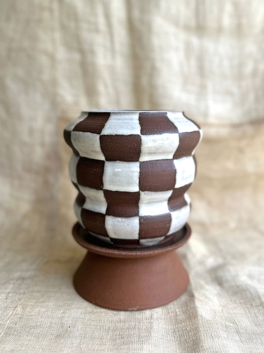 5 chocolate checkers pedestal saucer set - Mipa's pots and plants